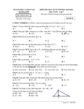 Đề kiểm tra học kì II môn Toán Lớp 7 - Mã đề B - Năm học 2019-2020 - Sở giáo dục và đào tạo Quảng Nam